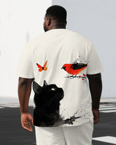 Men's Simple Cat & Bird Illustration Back Print Cool Big & Tall Short-Sleeve T-shirt & Short Set